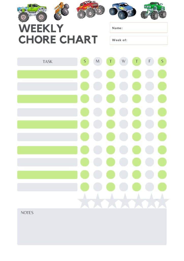 Kid-Friendly Printable Chore Chart - Monster Trucks - Sunstone Life